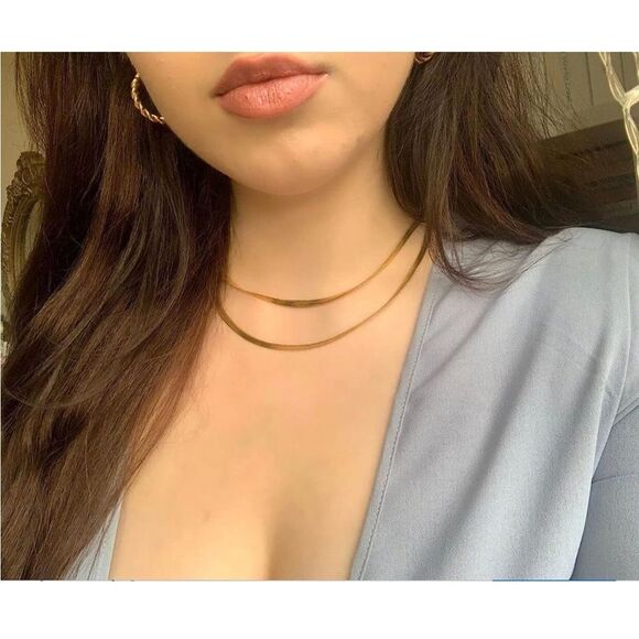 Gold 14k Gold Plated Two Piece Herringbone Necklace Set - Picture 3 of 4